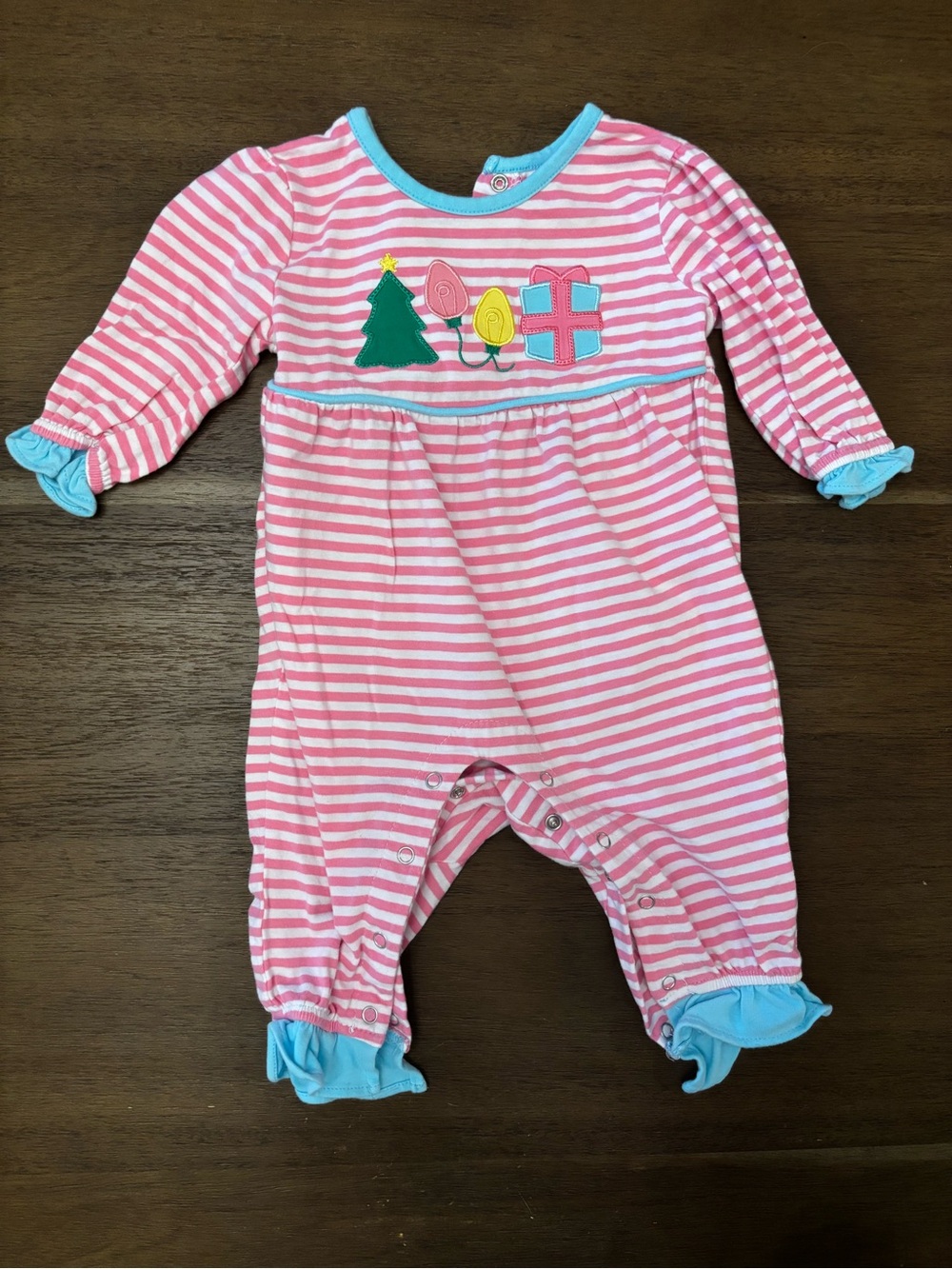 Pink Striped Baby One-Piece with Christmas Appliqué